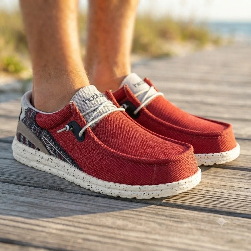 Men's Hey Dude Wally Mesh Slip-On Shoes Red/Grey Speckled Sole New